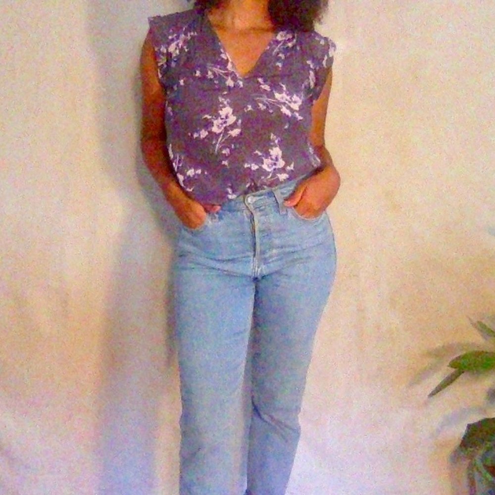 Rebecca Taylor Gray & Purple Floral Silk Blouse